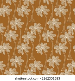 Warli art seamless pattern , indian tribal art , beautiful coconut tree in repeated pattern on isolated background