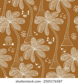 Warli art seamless pattern , indian tribal art , beautiful coconut tree in repeated pattern on isolated background