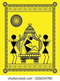 Warli art showing indian wedding symbol bride in Doli, Vector, line art Clipart, Warli painting.