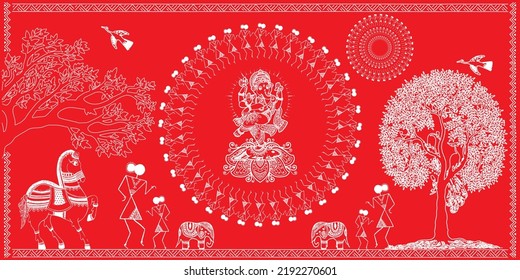 Arte warli que muestra danza Koli, festival de Ganpati en pintura