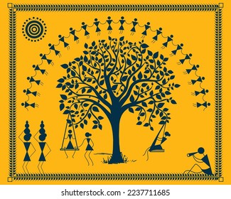 Warli art showing Real enjoyment in indian village. Rural area with beautiful nature in warli wall painting. Illustration, Vector, Drawing.