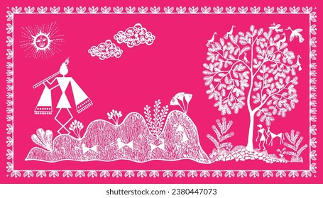 Warli Art: Shree Krishna in the Tranquil Rural Landscape. Warli Art: Shree Krishna Amidst Rural Serenity. Illustration, Vector, Drawing.