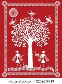 Warli art of Vat Purnima for Hindu festival celebration, Indian woman celebrations Warli illustration, Wall painting.