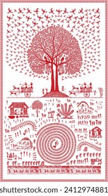 Warli Bliss: Captura de la naturaleza, la vida rural, la alegría, el árbol y la agricultura de los niños.  Pintura de naturaleza y vida rural, obras de arte de Warli con niños, alegre escena de pueblo