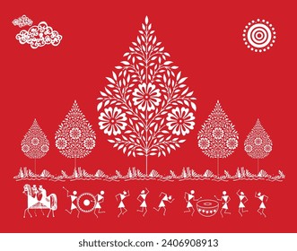 Warli Bliss: Rural Life Connection in Art. Traditional Warli Illustration, Rural Life Wall Art, Tree of Life Abstraction, Ethnic Wall Decor Elegance, Folk Art Serenity.