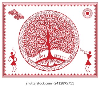 Celebración de Warli: Momento de matrimonio con un músico. Ilustración De Bodas Tradicionales, Escena De Matrimonio De Arte Warli, Decoración De Música Étnica En Pared.