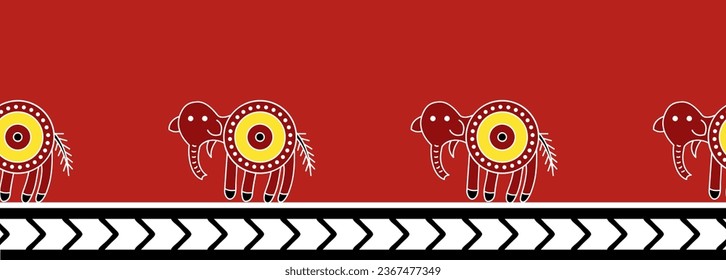  Warli-Elefant-Grenzmuster , nahtloses Muster , Indianermuster-Muster für nahtlose Grenzstreifen-Indianertribal-Kunst zum Verpacken von Glasschüssel, stationäres Geschirr  