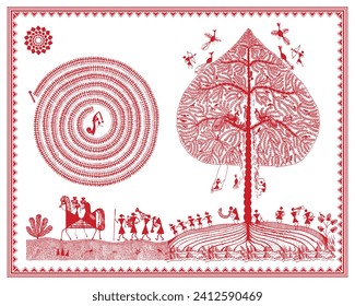 Warli Harmony: Rural Life Wall Art. Warli Tribal Painting, Village Lifestyle Illustration, Traditional Indian Wall Decor, Ethnic Folk Art Composition.