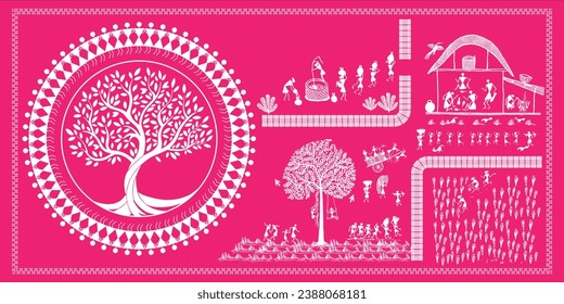 Warli Ernte: Lebhaftes Landleben - indische Agrarpressen, Kinderfreude, Frauen und Wasser, schöne Bäume, Häuser und das Glück des Lebens.  Illustration, Vektorgrafik, Zeichnung.