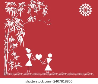 Warli Love: Valentine's Day Special Proposal Moment. Warli Painting, Rural Life Illustration. Valentine's Day Illustration.