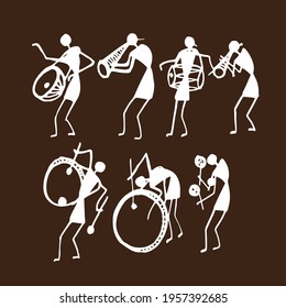 Warli painting art - Musicians with dhols (drums) and trumpets