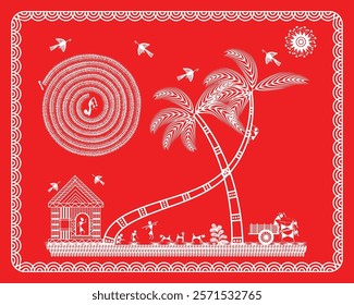 Warli Painting: A Day in the Life of a Village - Bullock Cart and Daily Chores. Warli art, Indian tribal art, Warli painting, Rural Indian life, Bullock cart, Village life Warli