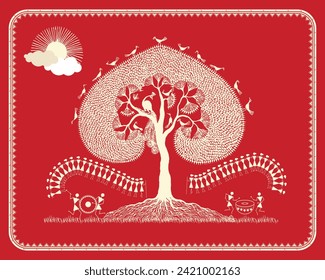 A Warli painting depicting the beautiful scenery of rural India, Rural Serenity - Scenic Beauty in Warli Painting. Rural India Landscape Art, "Warli Painting" of Indian Countryside.