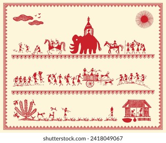 Ein Gemälde von Warli, das die Zufriedenheit des Eheleben in ländlichen Gebieten darstellt. Fröhlichkeit der ländlichen Ehe, Traditionelle indische Hochzeitskunst, Blütezeit, Village Life Celebration