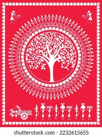 Warli painting depicting Indian tribal village life. Indian culture Warli art, vector, illustration, painting.