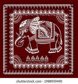 Pintura warli con un elefante - dibujada a mano tradicional del antiguo arte tribal de la India. El lenguaje pictórico va acompañado de una técnica rudimentaria que representa la vida rural de los habitantes de la India