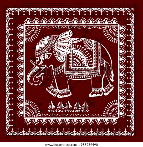 Warli painting with an elephant - hand drawn\
traditional the ancient tribal art India. Pictorial language is\
matched by a rudimentary technique depicting rural life of the\
inhabitants of India