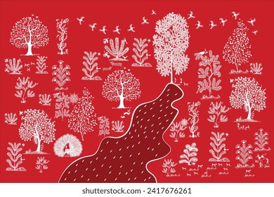 Warli-Malerei - zauberhafte Wald-Täler, Wald-Warli-Kunst, Illustration des ländlichen Lebens, Malerei auf Dschungelwild, Urwaldlandschaft