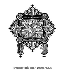 Warli painting - hand drawn traditional the ancient tribal art India. In the style of Indian kitsch matched by a rudimentary technique depicting rural life of the inhabitants of India