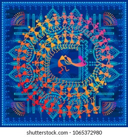 Warli painting - hand drawn traditional the ancient tribal art India. In the style of Indian kitsch matched by a rudimentary technique depicting rural life of the inhabitants of India