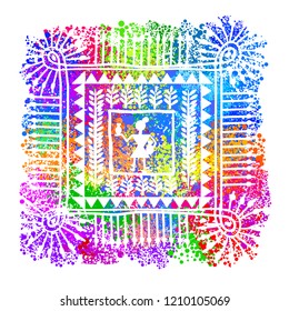 Warli painting - hand drawn traditional the ancient tribal art India. In the style of Indian kitsch matched by a rudimentary technique depicting rural life of the inhabitants of India