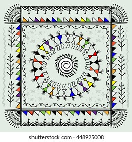 Warli painting - hand drawn traditional the ancient tribal art India. Pictorial language is matched by a rudimentary technique depicting rural life of the inhabitants of India