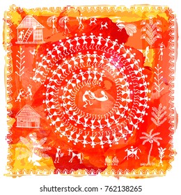 Warli painting - hand drawn traditional the ancient tribal art India. In the style of Indian kitsch matched by a rudimentary technique depicting rural life of the inhabitants of India.