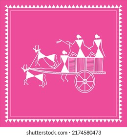 Warli painting , indian folk art, people sitting in bullock cart 