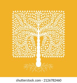 Warli painting, indian tribal art, beautiful tree 