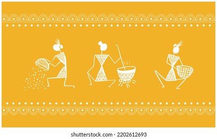 Warli painting , indian tribal art , women cooking 