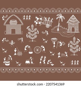 Pintura warli , arte indígena tribal , escena de aldea