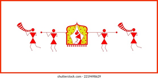 Warli painting indian tribal art , envelope design , wedding procession