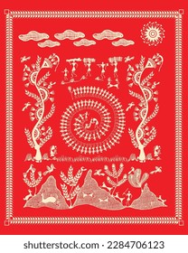 Warli painting maharashtra art showing forest, real animal. Indian traditional peacock design. Bird and Tree Warli Painting, Wallpaper illustration Vector warli art.