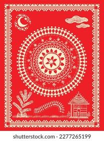 Warli Malerei mit Rangoli ist maharashtra traditionelle Kunst, die dieses Bild zeigt. Vogel und Tree Warli Kunst, Wallpaper Illustration Vector Warli Kunst.