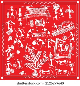 Warli Painting Of Rural Area With Farming Work