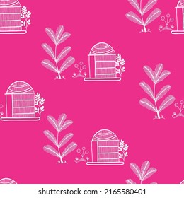 Warli painting seamless pattern, hand drawn traditional the ancient tribal art India. 