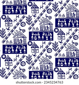 Warli painting seamless pattern - hand drawn traditional the ancient tribal art India. Pictorial language is matched by a rudimentary technique depicting rural life of the inhabitants of India