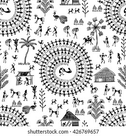 Warli painting seamless pattern - hand drawn traditional the ancient tribal art India. Pictorial language is matched by a rudimentary technique depicting rural life of the inhabitants of India