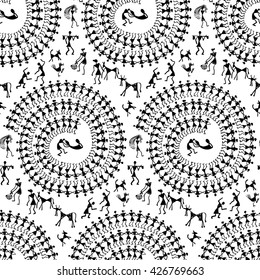 Warli painting seamless pattern - hand drawn traditional the ancient tribal art India. Pictorial language is matched by a rudimentary technique depicting rural life of the inhabitants of India