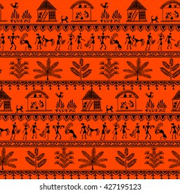Warli painting seamless pattern - hand drawn traditional the ancient tribal art India. Pictorial language is matched by a rudimentary technique depicting rural life of the inhabitants of India