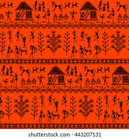 Warli painting seamless pattern - hand drawn traditional the ancient tribal art India. Pictorial language is matched by a rudimentary technique depicting rural life of the inhabitants of India