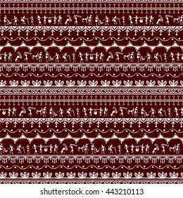 Warli painting seamless pattern - hand drawn traditional the ancient tribal art India. Pictorial language is matched by a rudimentary technique depicting rural life of the inhabitants of India