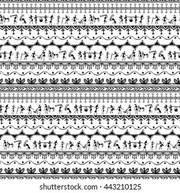 Warli painting seamless pattern - hand drawn traditional the ancient tribal art India. Pictorial language is matched by a rudimentary technique depicting rural life of the inhabitants of India