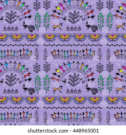 Warli painting seamless pattern - hand drawn traditional the ancient tribal art India. Pictorial language is matched by a rudimentary technique depicting rural life of the inhabitants of India