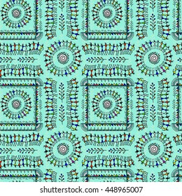 Warli painting seamless pattern - hand drawn traditional the ancient tribal art India. Pictorial language is matched by a rudimentary technique depicting rural life of the inhabitants of India