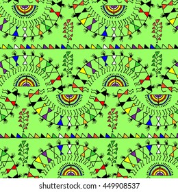 Warli painting seamless pattern - hand drawn traditional the ancient tribal art India. Pictorial language is matched by a rudimentary technique depicting rural life of the inhabitants of India