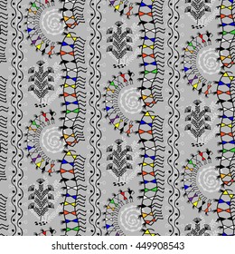 Warli painting seamless pattern - hand drawn traditional the ancient tribal art India. Pictorial language is matched by a rudimentary technique depicting rural life of the inhabitants of India
