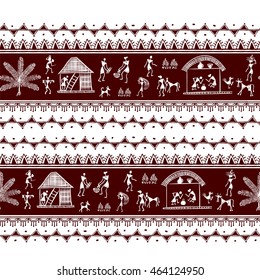Warli painting seamless pattern - hand drawn traditional the ancient tribal art India. Pictorial language is matched by a rudimentary technique depicting rural life of the inhabitants of India