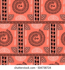 Warli painting seamless pattern - hand drawn traditional the ancient tribal art India. Pictorial language is matched by a rudimentary technique depicting rural life of the inhabitants of India