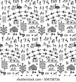 Warli painting seamless pattern - hand drawn traditional the ancient tribal art India. Pictorial language is matched by a rudimentary technique depicting rural life of the inhabitants of India